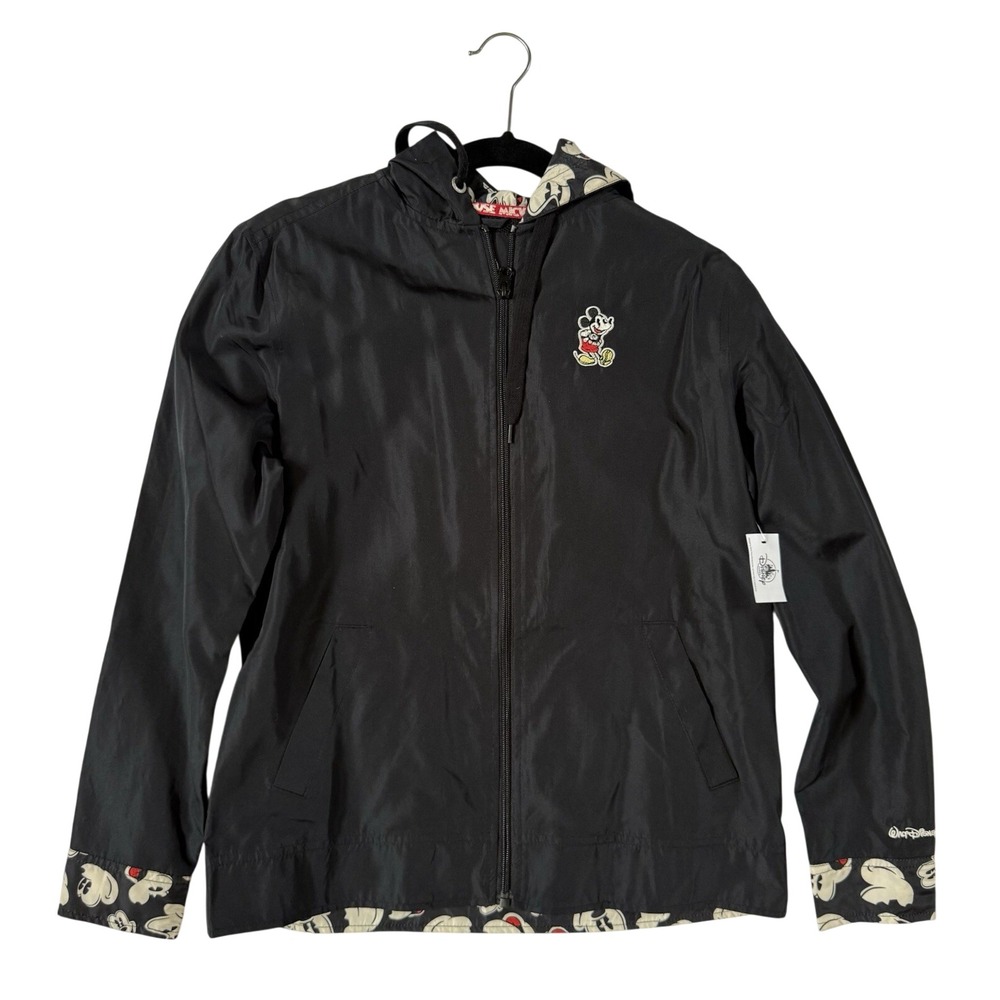 Disney Parks Mickey Mouse Windbreaker Jacket Black Hooded Zip Up Womens‎ XS New